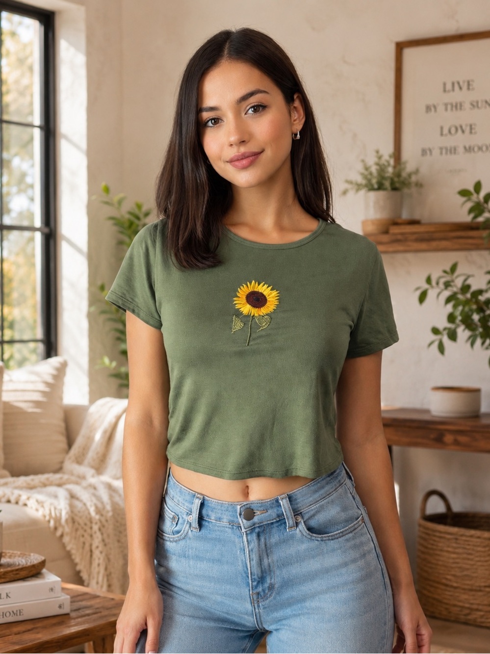 10) Ardene Olive Green Sunflower Embroidered Crop Top | Cottagecore Graphic Tee